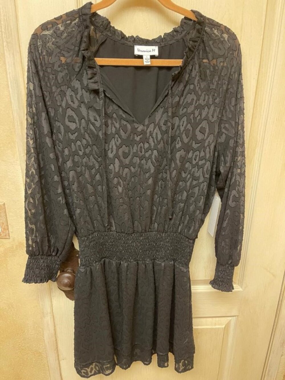 Veronica M Black Smocked Animal Print Mini Dress - Size L